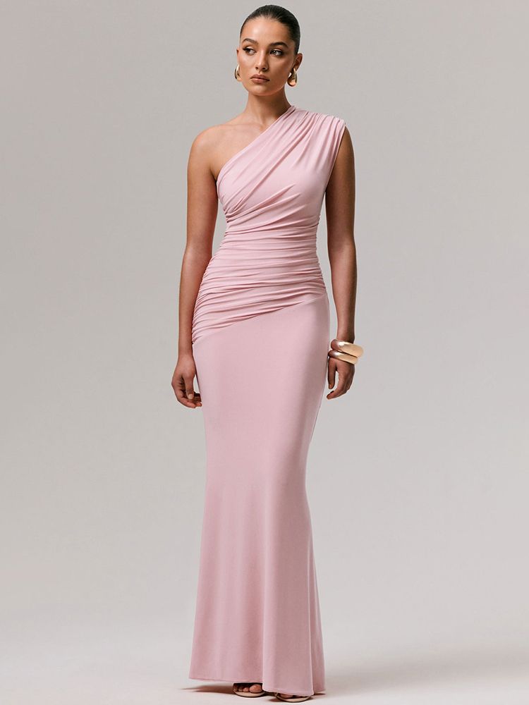 Mozision Elegant One Shoulder Ruched Sexy Maxi Dress Women Fashion Diagonal Collar Sleeveless Backless Bodycon Club Party Dress_ecoleips.com