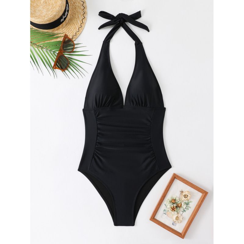 Women’s Sexy One-Piece Swimsuit – Tummy Control & Ruffled V-Neck | Nylon/Spandex Swimwear (Black, Blue, S-XL)_ecoleips.com