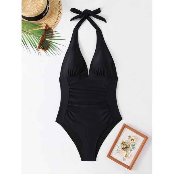 Women’s Sexy One-Piece Swimsuit – Tummy Control & Ruffled V-Neck | Nylon/Spandex Swimwear (Black, Blue, S-XL)_ecoleips.com