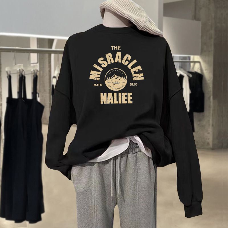 Women's Pure Cotton round Neck Sweatshirt Fleece Lined Thickened Autumn Winter Loose Versatile Top Letter Print 2023 New Style_ecoleips.com