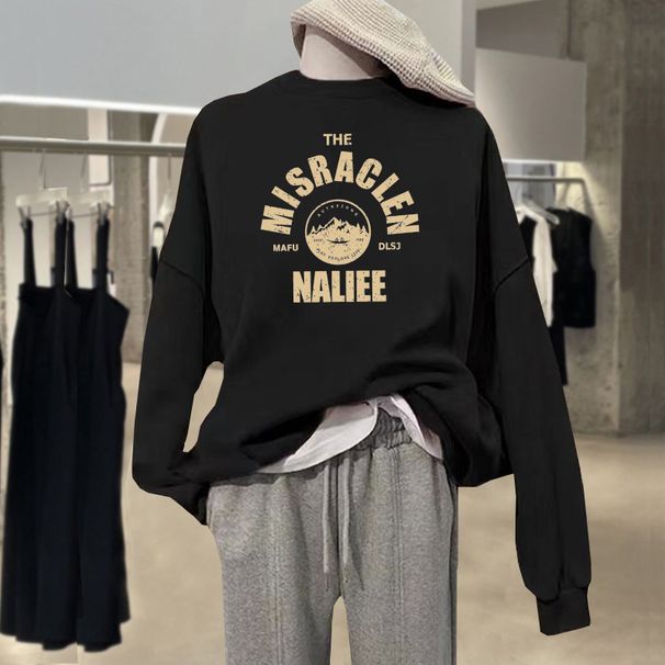 Women's Pure Cotton round Neck Sweatshirt Fleece Lined Thickened Autumn Winter Loose Versatile Top Letter Print 2023 New Style_ecoleips.com