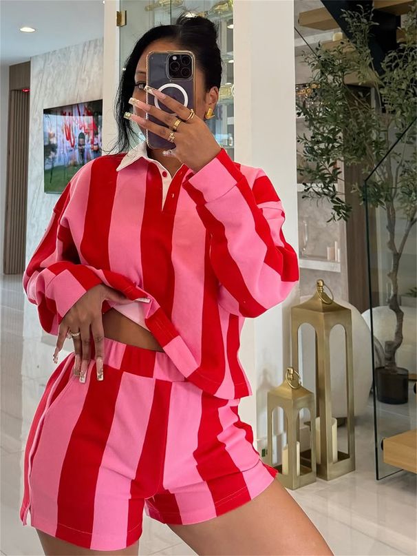 Women’s Clothing Spring New Women's Fashion Zebra Stripes Print Shirt Collar Long Sleeved Top Short Suit_ecoleips.com