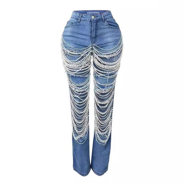 Women's Clothing Hole Heavy Beaded Beaded Stretch Jeans Trousers Women Jacket Two Piece Set_ecoleips.com