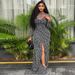 Abstract Print Wrap Dress – High-Neck, Long Sleeve, Bodycon With Side Slit (Milk Silk Poly-Spandex, S/M/L, Black, Euro Office-to-Outing Dress)_ecoleips.com