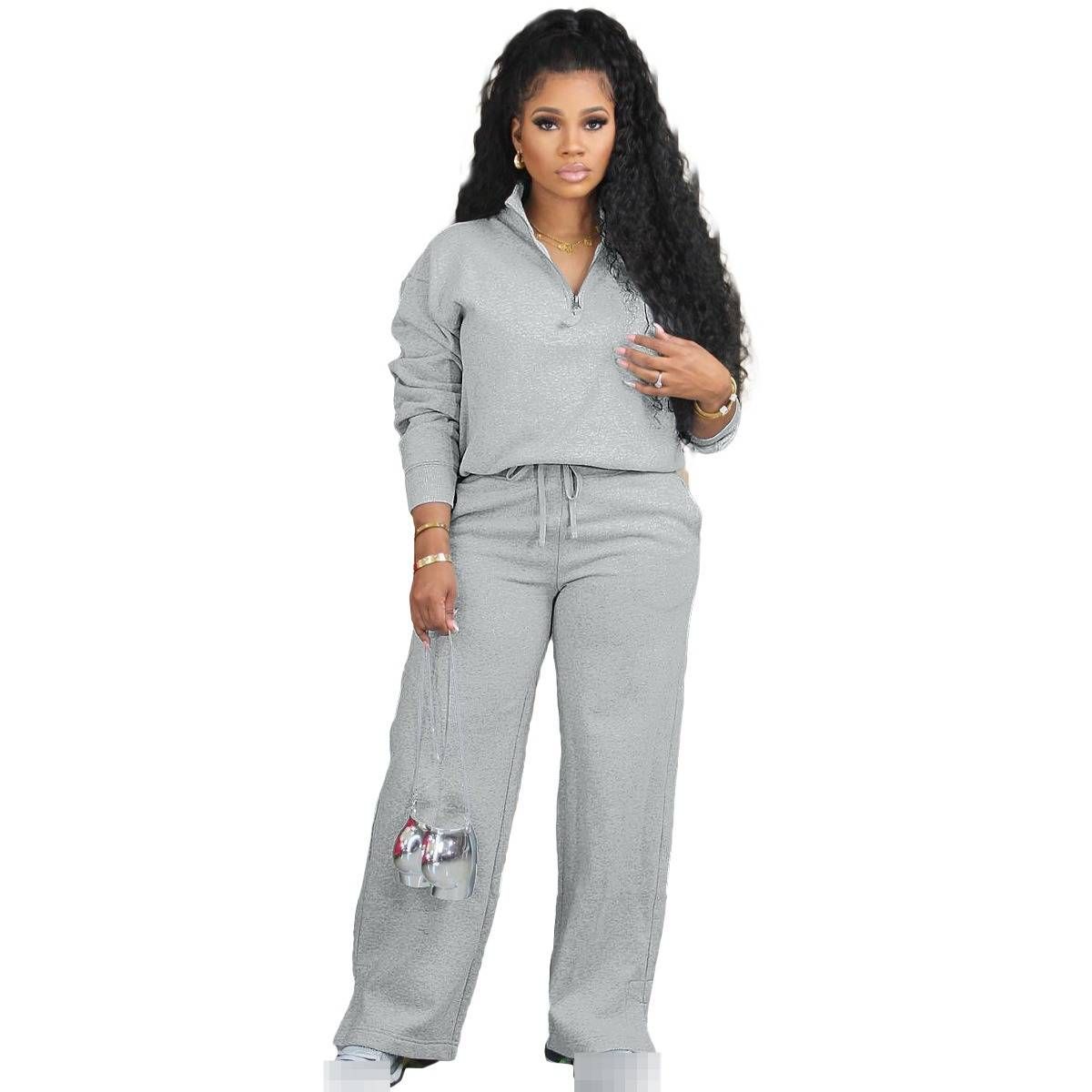 Women's Clothing Autumn And Winter Style Solid Color Loose Zipper Drawstring Pants Sports Two Piece Suit_ecoleips.com