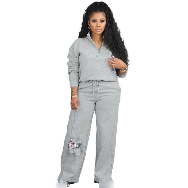 Women's Clothing Autumn And Winter Style Solid Color Loose Zipper Drawstring Pants Sports Two Piece Suit_ecoleips.com