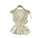 Women's French Romantic Style V Neck Tie Up Ruffle Top Sleeveless Lace Patchwork Slimming Elegant Korean Summer Shirt_ecoleips.com