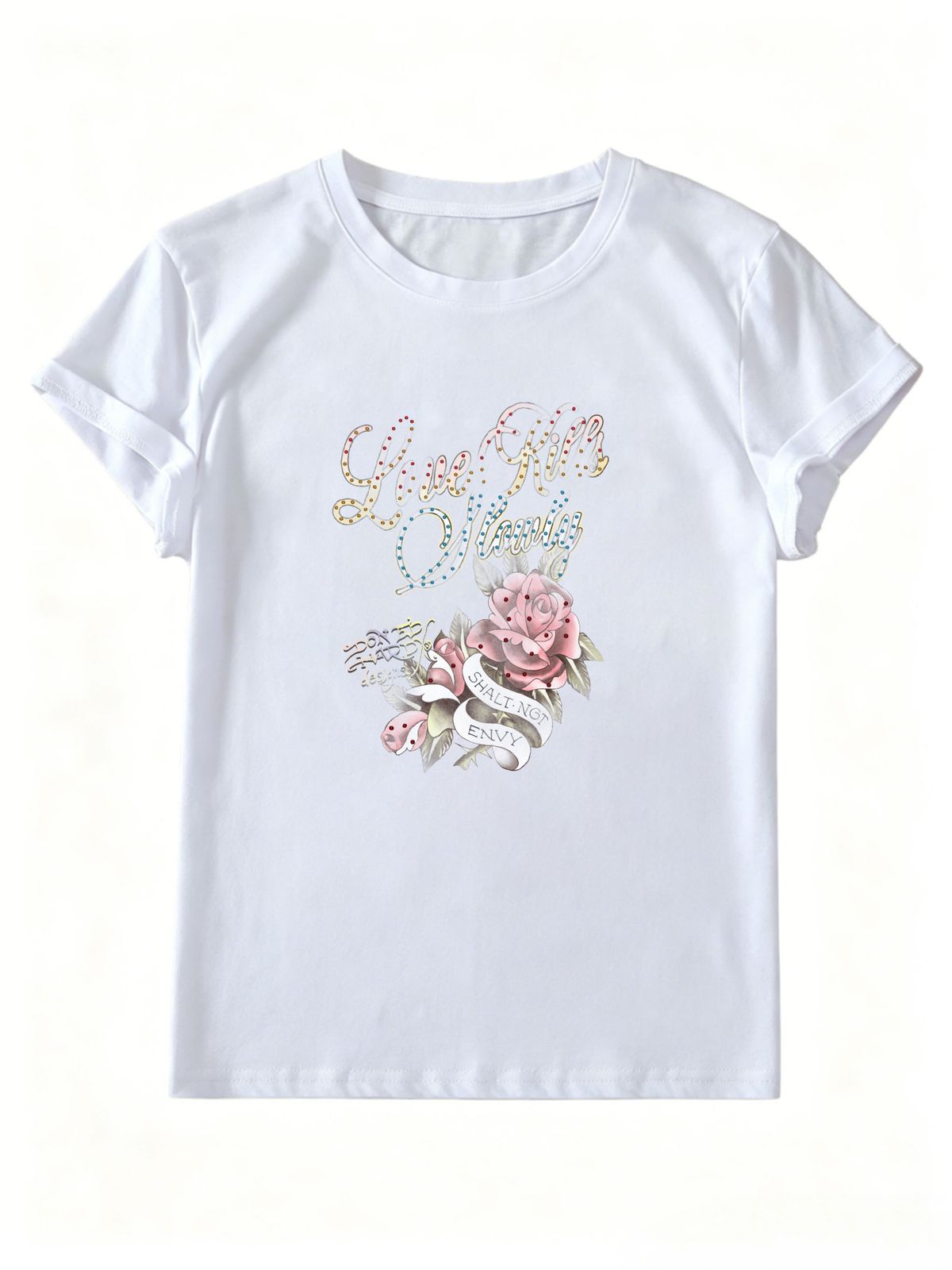Women Vintage Rhinestone Rose Graphic T Shirt Retro Tattoo Letter Print Crew Neck Short Sleeve Casual Y2K Coquette Summer Top_ecoleips.com