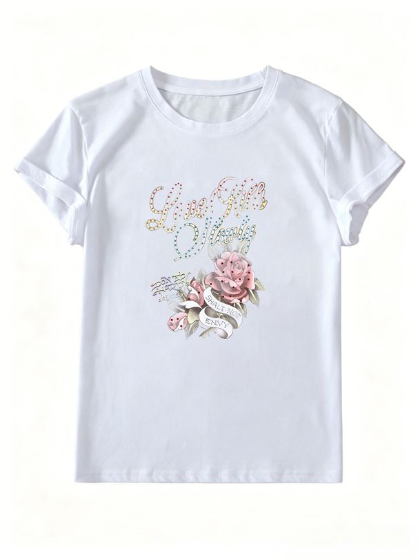 Women Vintage Rhinestone Rose Graphic T Shirt Retro Tattoo Letter Print Crew Neck Short Sleeve Casual Y2K Coquette Summer Top_ecoleips.com