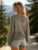 Grey Hollow Mesh Pit Rib Knit Top, Loose Lightweight Breathable Soft Skin-touch Long Sleeve Cropped Jumper_ecoleips.com