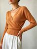Apricot Orange Deep V Wrap Pit Rib Knit Sweater, Loose Lightweight Breathable Soft Skin-touch Long Sleeve Slim Waist Pullover_ecoleips.com