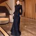 Women's Tailored Blazer & High-Waist Pencil Skirt Set – Stretch Polyester Work-to-Weekend Outfit (S-XXL, Black 3D Jacquard)_ecoleips.com