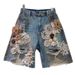 2025 Summer New Niche Lace Flower Stitching Drawing Hole Rhinestone Back Elastic Waist Trendy Cool Denim Shorts_ecoleips.com