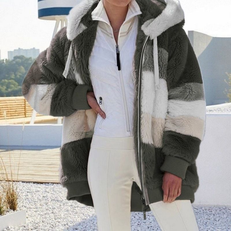 Women's Clothing autumn and winter warm plush patchwork zipper pocket hooded loose coat _ecoleips.com