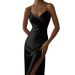 Summer European And American New Fashion Elegant V-neck Slim-fit Sexy Backless Slit Satin Women's Slip Dress_ecoleips.com