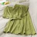 Women's Clothing Retro Wrinkled Two Piece Suit With V Neck Short Top + High Waist Single Breasted Skirt_ecoleips.com