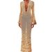 Women's Clothing V Neck Belt Sequined Knitted Long Skirt Spring New Lady Style Sequined Dress_ecoleips.com