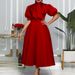 Women Butterfly Knot Pure Color Dress Party High Waist A- Shaped Bubble Sleeve Fiber Mixed Fabric Short Dress_ecoleips.com