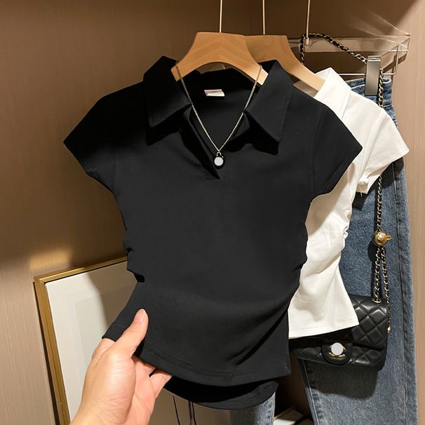 Women's Clothing 2024 Summer White Polo Collar Waist Slim Fit Casual Short-sleeved T-shirt Women's Tops_ecoleips.com