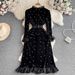 Korean Style Velvet Dress For Women Autumn Winter Ladylike Temperament Trumpet Long Sleeve Diamond Stand Up Collar Slimming Mid Length A Line_ecoleips.com
