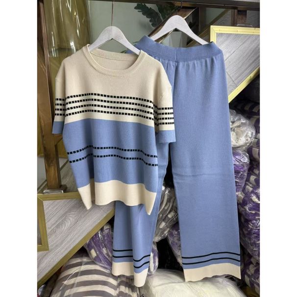Women's Clothing Casual Suit For Women, Simple And Versatile, Round Neck Short Sleeved Striped Knitted Top + High Waist Wide Leg Pants Two Piece Suit_ecoleips.com