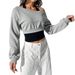 Voya Women's Open Shoulder Patchwork Design, Gray Short Style With Exposed Navel Long Sleeved Hoodie, Women's Slimming And Versatile Casual Trend Top_ecoleips.com