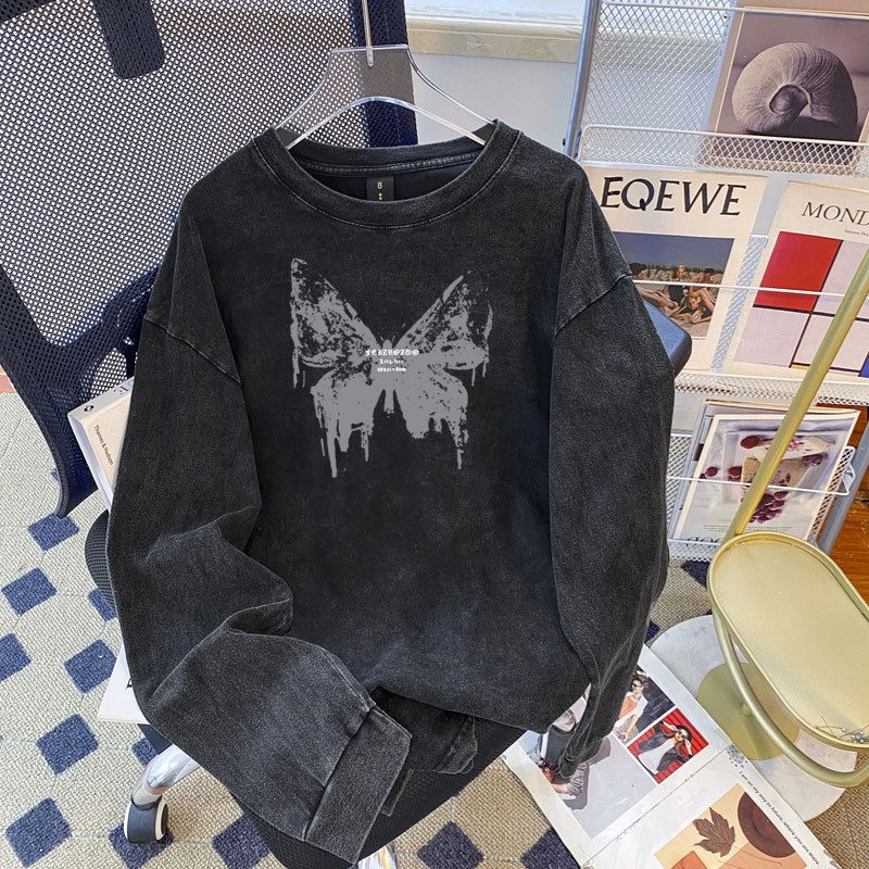 Special Offer Real Shot Pure Cotton 230g Back Collar Washed Vintage Long Sleeve Design Trendy Brand Couple Top_ecoleips.com