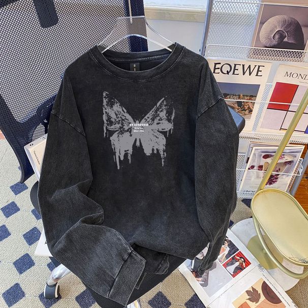 Special Offer Real Shot Pure Cotton 230g Back Collar Washed Vintage Long Sleeve Design Trendy Brand Couple Top_ecoleips.com