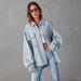 Distressed Denim Jacket Women's Oversized Workwear Coat With Raw Hem & Patchwork Design, Comfortable Casual Streetwear For Fall_ecoleips.com