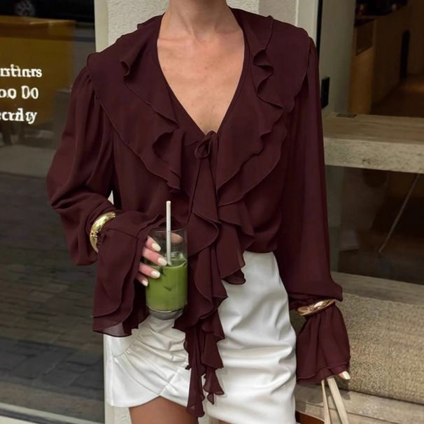 Aria Basics Aria Basics Autumn European And American Style Cross-Border Foreign Trade Women's Design Ruffled V-Neck Long Sleeve Tie Fashion_ecoleips.com