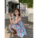 Vintage Ruffled Floral Strap For Women Summer Loose Slimming Beach Vacation Style Sweet Short Dress_ecoleips.com