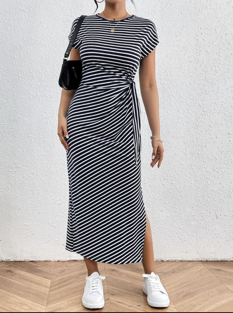 Women's Clothing Elegant Striped Bodycon Midi Dress With Side Slit And Round Neck For Women_ecoleips.com