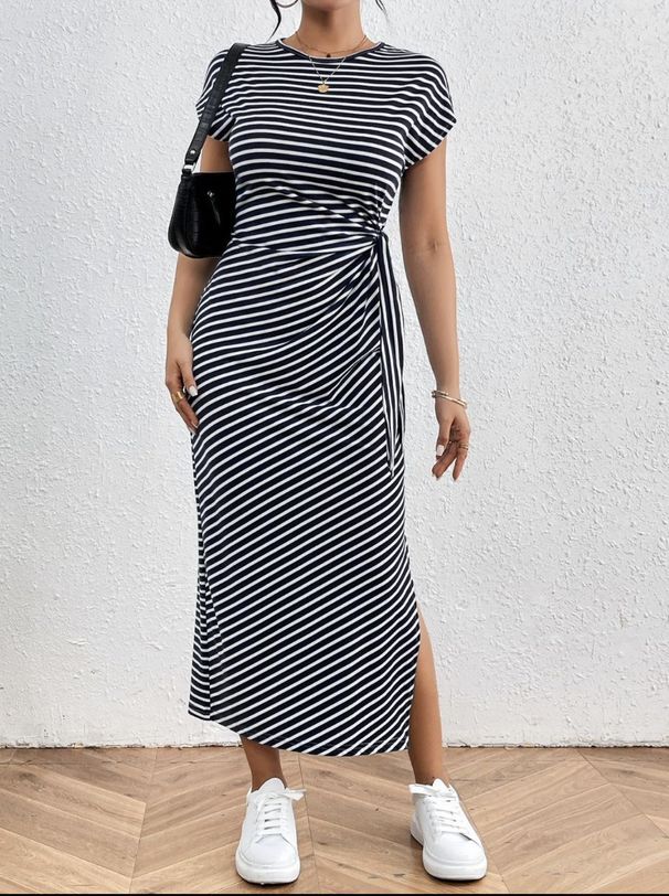Independent Research Development European And American Long Export New Striped Slim Waist Slimming Slit Round Neck Dress_ecoleips.com