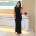 Summer New Arrival Women's Elegant Sophisticated Solid Color Gathered Metal Buckle Fitted Waist Slimming Pullover Long Skirt Dress_ecoleips.com