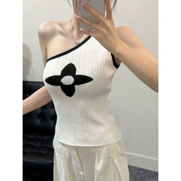 Women's Style Color Block Off-Shoulder Knit Camisole Sexy Slim Fit Sleeveless Top For Summer New Style_ecoleips.com