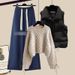 Plus Size Knit Vest & Sweater Set – 3-Piece Winter Outfit With Slimming Pants In Beige/Black (Extended Sizes 4XL)_ecoleips.com