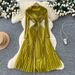 Commuter Style Lapel Beaded Long Sleeved Dress, Fitted Waist Pleated Skirt, High End Elegant And Gentle Long Dress._ecoleips.com