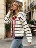 Stripe Heart Embroidery Pit Rib Knit Hooded Cardigan, Loose Lightweight Breathable Soft Skin-touch Long Sleeve Button Drawstring Knit Jacket_ecoleips.com