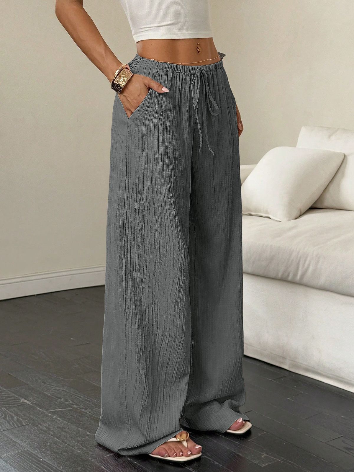 Summer Women's Casual Wide Leg Pants Textured Fabric Solid Color Knotted Waist Slanted Pockets_ecoleips.com