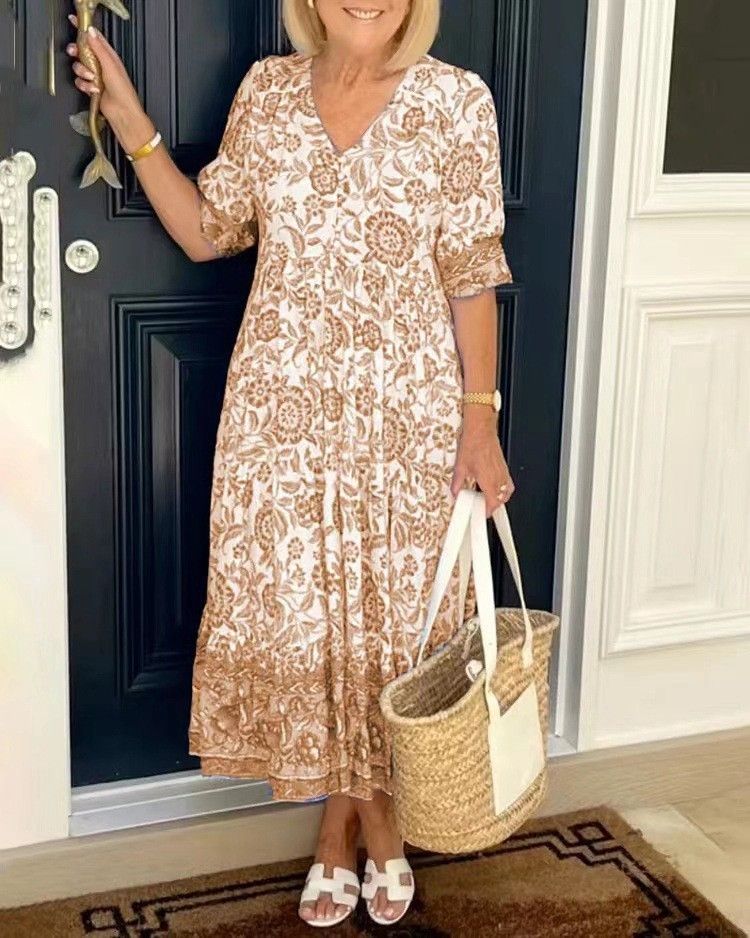 Summer Casual Commute Dress With Mid-Waist Floral Print And Five-Section Sleeves, Large Size, Loose Fit, Versatile_ecoleips.com