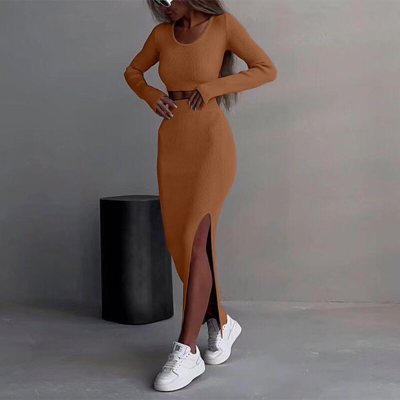 Women's Clothing Ribbed Knit Long-Sleeve T-Shirt & High-Slit Bodycon Skirt Set – Streetwear Essentials (S-L, Black/Blue/Tan)_ecoleips.com