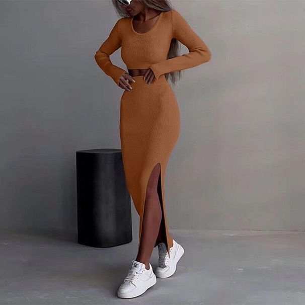 Women's Clothing Ribbed Knit Long-Sleeve T-Shirt & High-Slit Bodycon Skirt Set – Streetwear Essentials (S-L, Black/Blue/Tan)_ecoleips.com