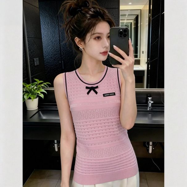 Bowknot Hollow-Out Knitted Korean Style Vest 2026 Summer New Sleeveless Slim-Fit Versatile Solid Color Top For Women_ecoleips.com