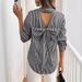 Women's Clothing New Elegant Ladies Striped Print Back Bow Front Button Long Sleeve Shirt_ecoleips.com