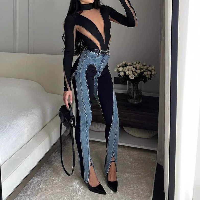 Vintage-Inspired High-Waisted Jeans – Contrast Panel & Side Slit Detail (95% Cotton, Sculpting Fit, Hand-Wash Recommended)_ecoleips.com