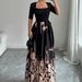 Women's Floral Print Square Neck Midi Dress Elegant A-Line Swing Dress with 3/4 Sleeves Artistic Botanical Print_ecoleips.com