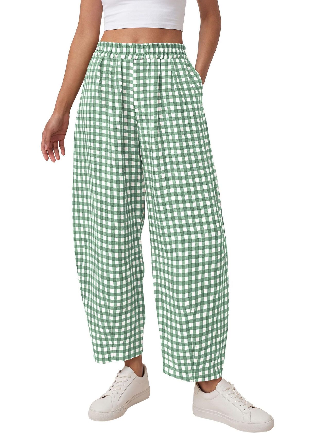 Women's Plaid High-Waisted Wide Leg Pants Casual Cropped Style with Pockets Spring/Summer New European American Fashion Loose Fit_ecoleips.com