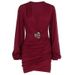 Pleated V Neck Long Sleeve Dress With Metal Accent Belt Fall Autumn Dress For Women_ecoleips.com