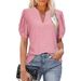 Breathable V-Neck Bubble Sleeve Top With Lace-Up Detail - Lightweight Loose Fit T-Shirt For Women Comfortable Loose Fit_ecoleips.com