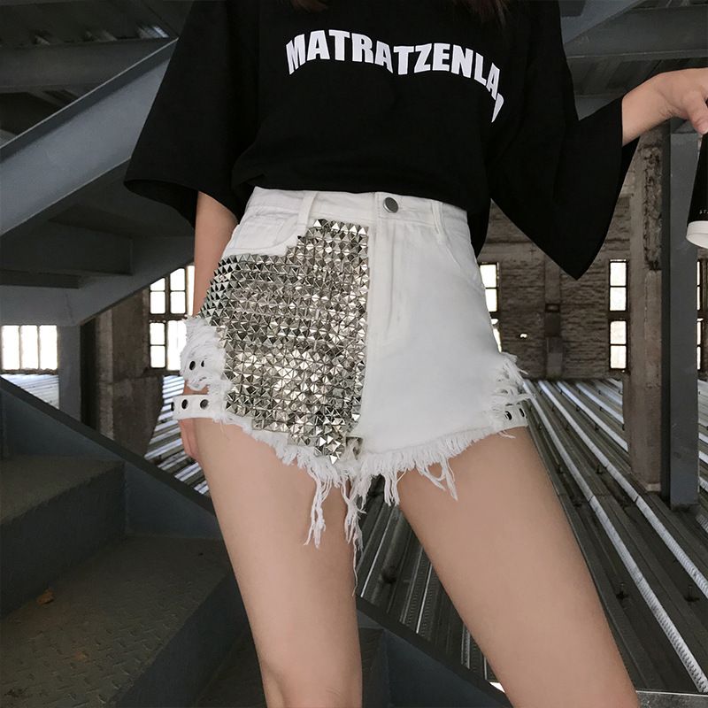 Black Denim High-waisted Shorts For Women, 2023 New BF Style, Unique Rivet Design, Loose Wide-leg, Frayed And Ripped Hot_ecoleips.com